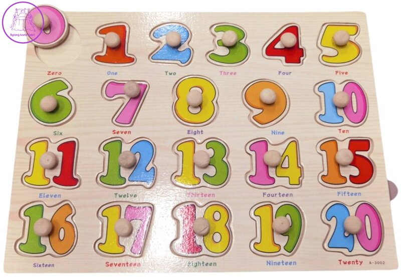 DŘEVO Puzzle vkládací čísla set 21 dílků s úchyty počítání na podložce AJ