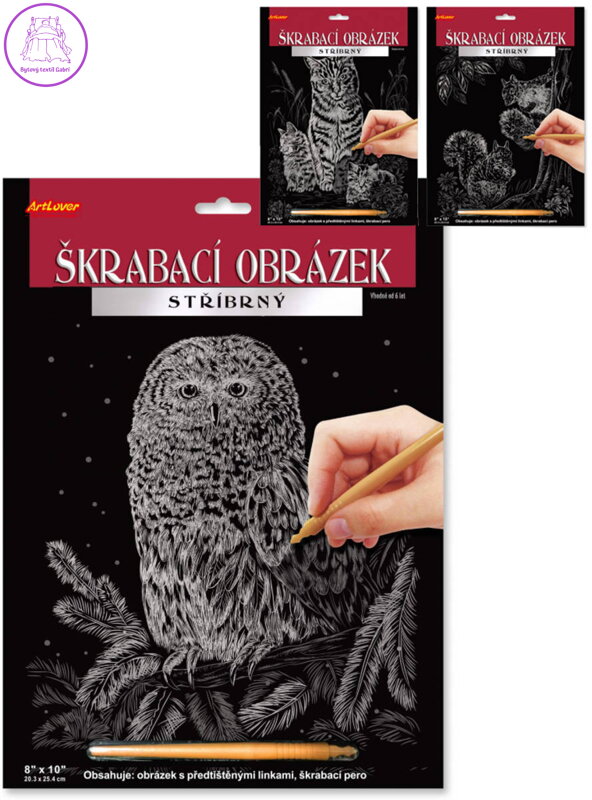 Obrázek vyškrabovací Zvířáta stříbrný kreativní set se škrabacím perem 3 druhy