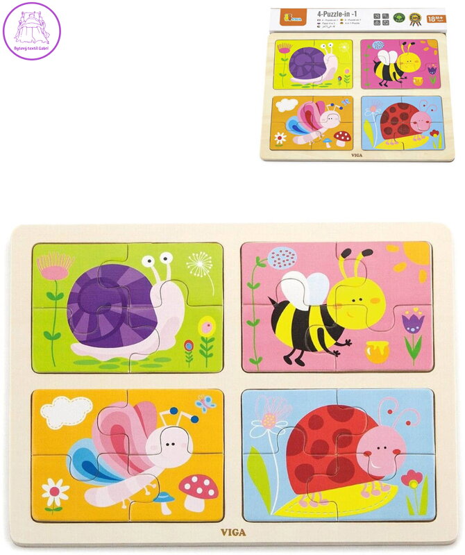 VIGA DŘEVO Puzzle na desce 4v1 hmyz baby skládačka 16 dílků