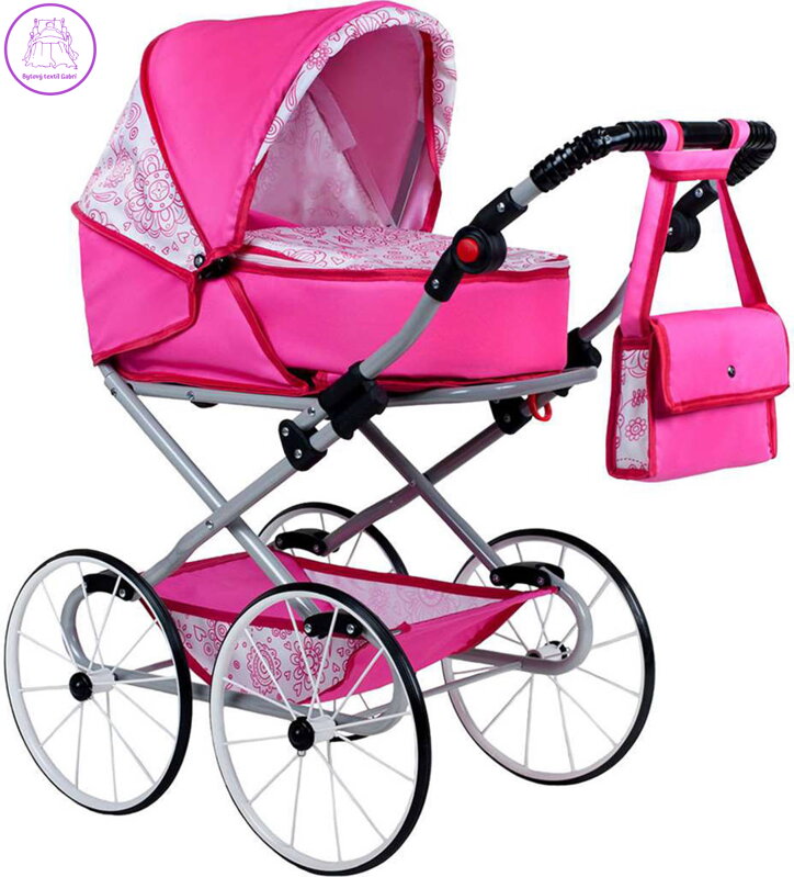 NEW BABY Kočárek Natálka retro růžový kvítky 2v1 pro panenku miminko