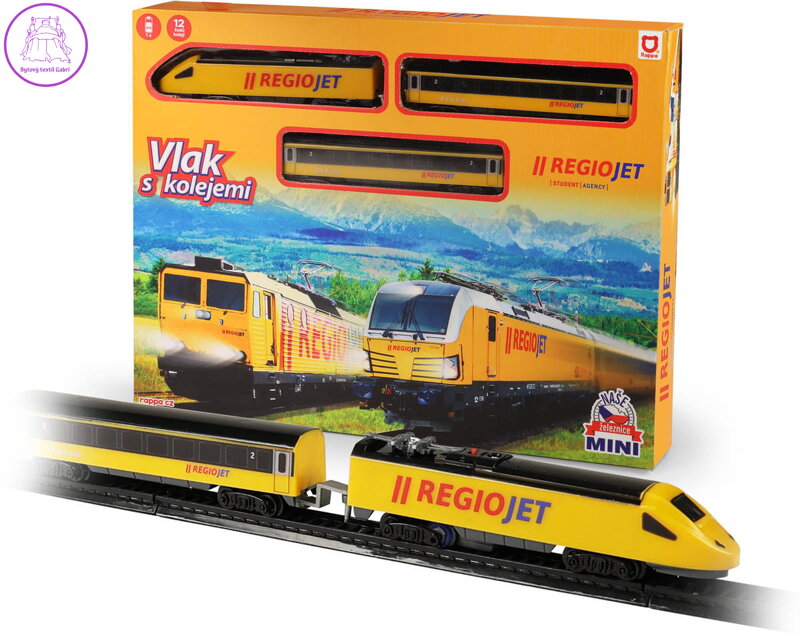 Vlak s kolejemi Mini RegioJet Naše železnice lokomotiva + 2 vagony na baterie