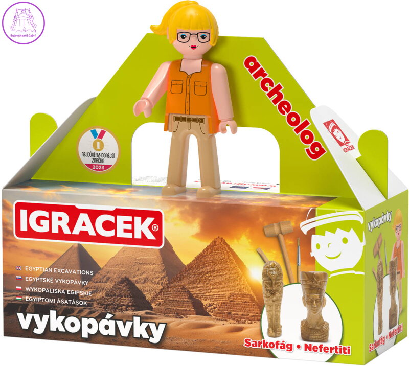 EFKO IGRÁČEK Archeoložka figurka egyptské vykopávky sarkofág a soška Nefertiti