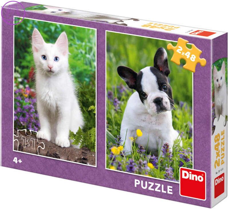 DINO Puzzle Buldoček a kotě 2x48 dílků 18x26cm skládačka