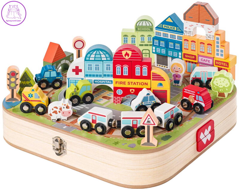 WOODY DŘEVO Vláčkodráha Město v rozkládacím kufříku s auty a domy