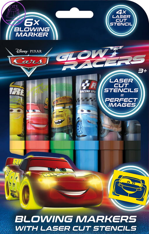 JIRI MODELS Fixy foukací 6ks Auta (Cars) set se 4 šablonami