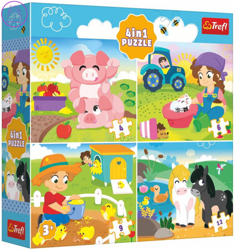 TREFL PUZZLE 4v1 Zvířátka na vsi 19x16cm 4-12 dílků skládačka