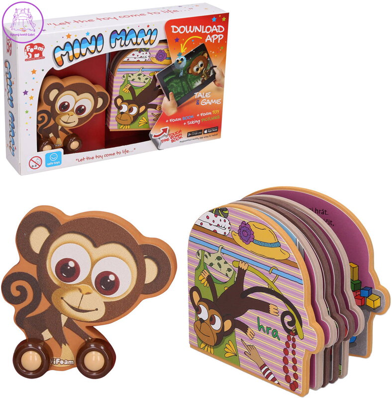 Mini Mani Opice interaktivní set pěnové zvířátko na kolečkách + kniha s aplikací