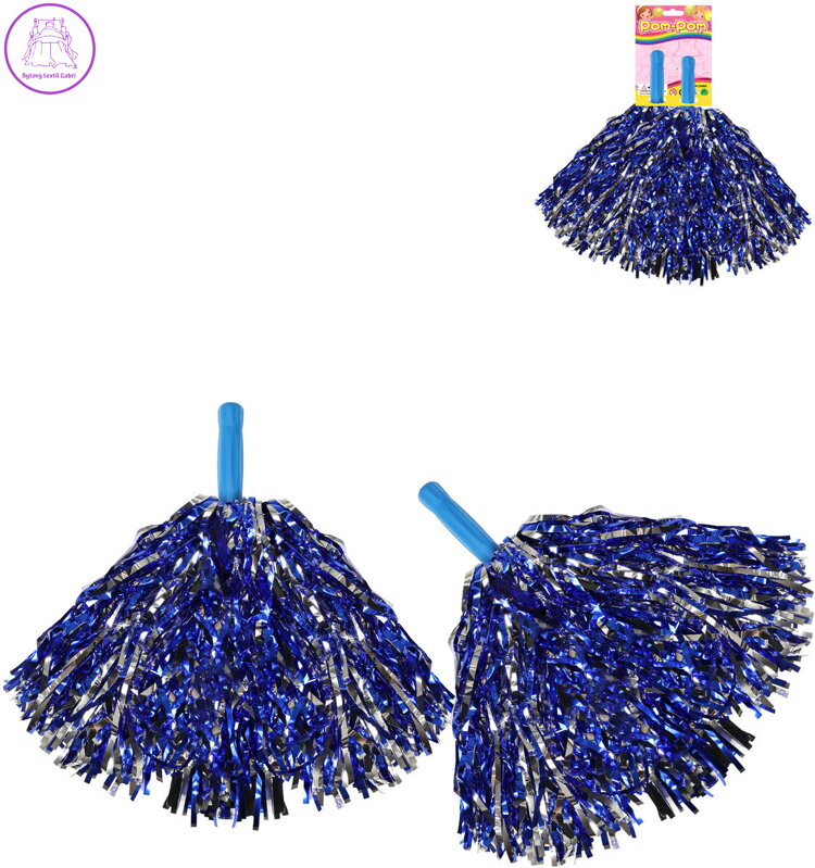 Mávátko party pom pom (pompon) třásně modro-stříbrné set 2ks na fandění