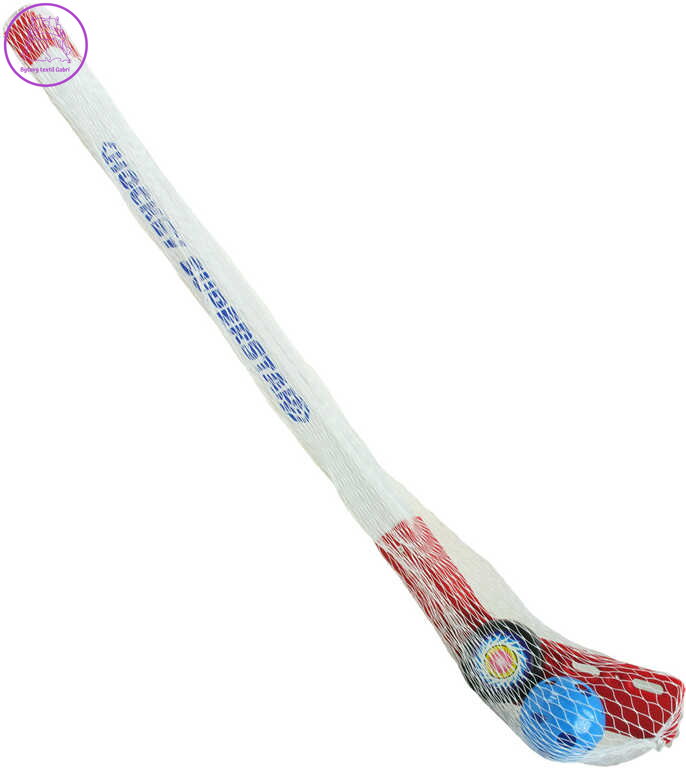 Set 2 plastové hokejky 75cm s míčkem a pukem florbalky v síťce