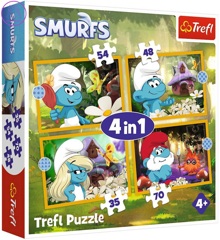 TREFL PUZZLE 4v1 Život ve Šmoulí vesnici 29x21cm 35-70 dílků skládačka