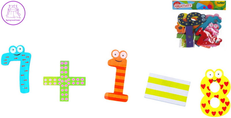 DŘEVO Číslice veselé magnetické s obličejem set 14ks magnetky v sáčku