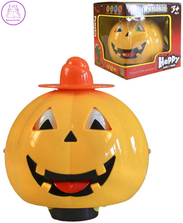 Dýně žlutá dekorace Halloween 13cm na baterie Světlo Zvuk plast