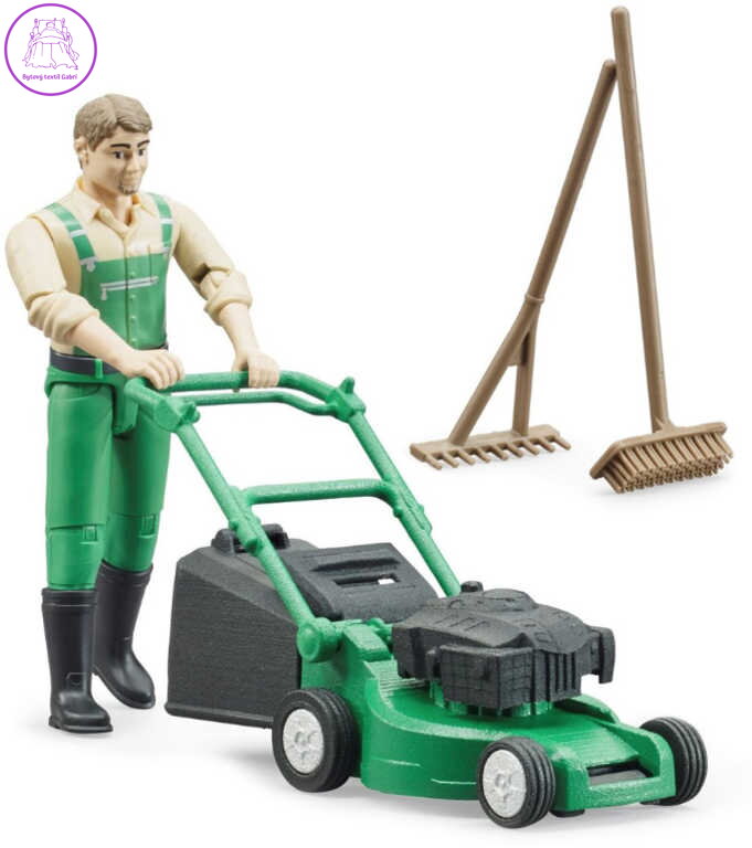 BRUDER 62103 Herní set figurka zahradník + sekačka na trávu se 2 nástroji