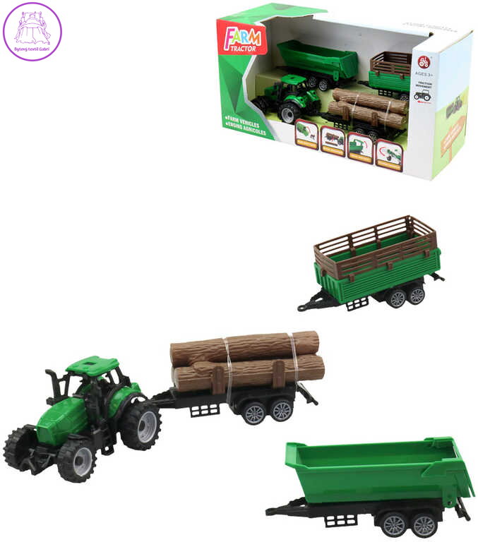 Traktor zelený se 3 přívěsy a kládami dřeva herní set v krabici plast