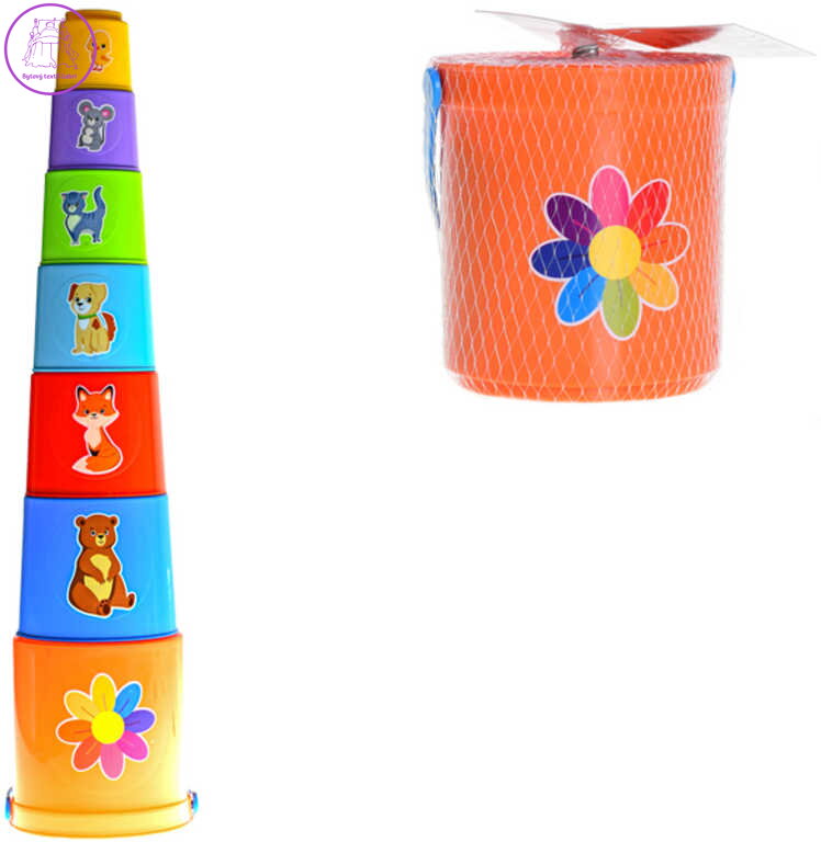 Pyramida baby skládací věžička set stohovací kalíšky 6ks v kyblíčku plast
