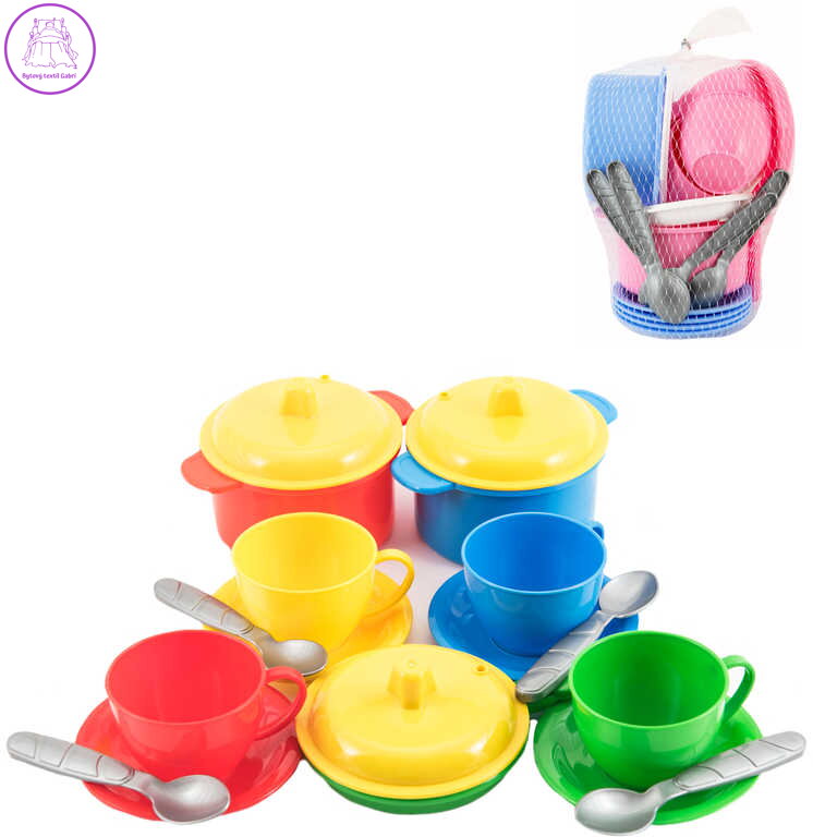 Nádobí dětské barevné set 18ks malý kuchař v síťce plast 2 druhy