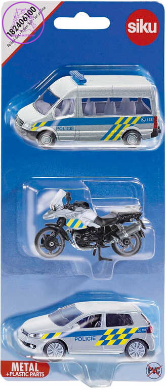 SIKU Set auto osobní Policie 2ks + motocykl česká verze CZ 1824