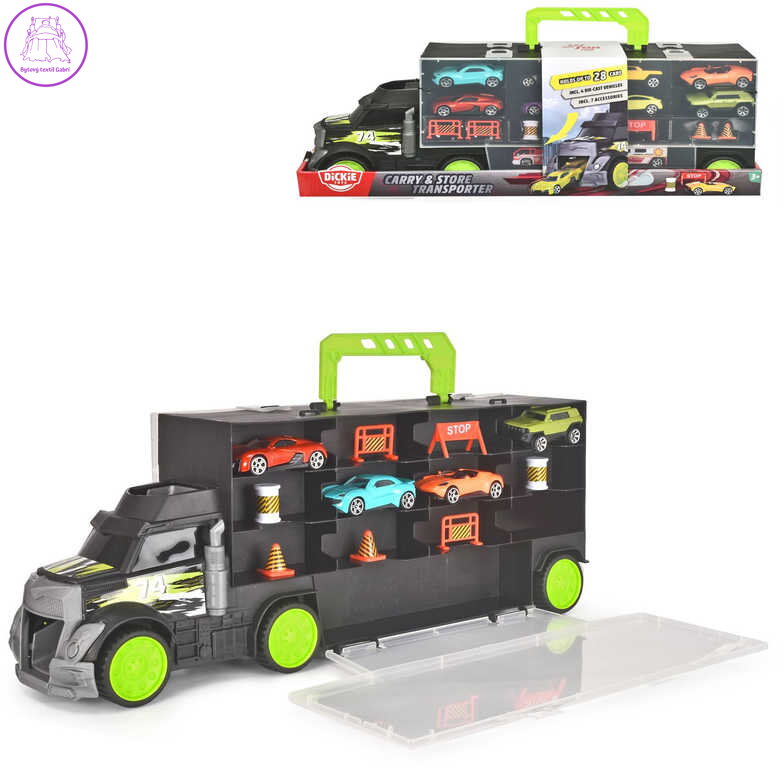 DICKIE Auto transportér 43cm kufr 2v1 set se 4 autíčky a doplňky kov