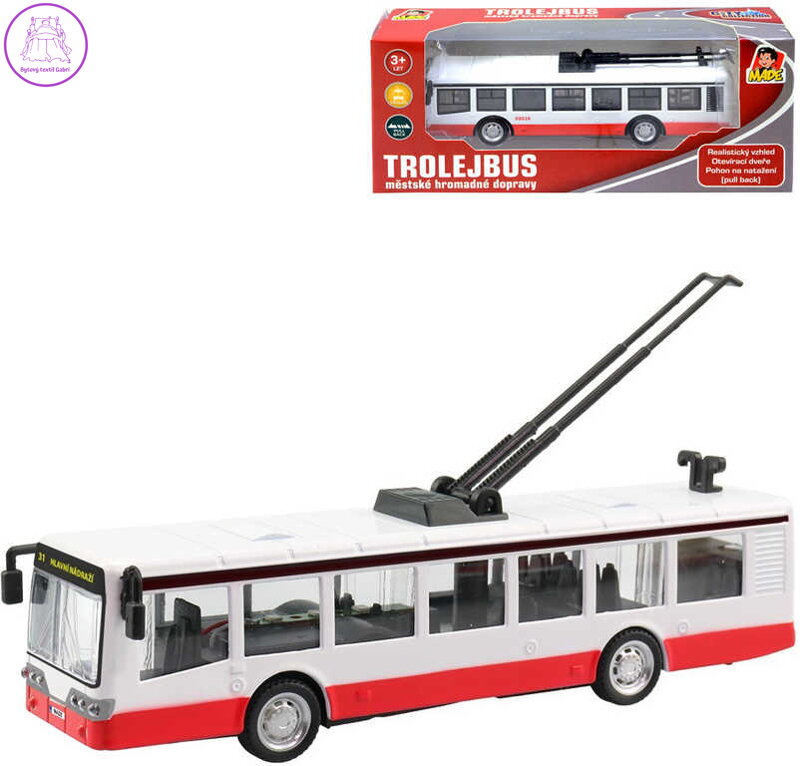 Trolejbus kovový 16cm zpětný chod český design otevírací dveře