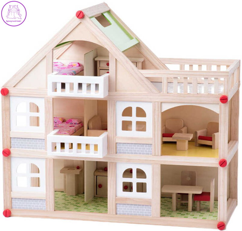 WOODY DŘEVO Domeček s balkónem set se 4 panenkami a doplňky 2 patra