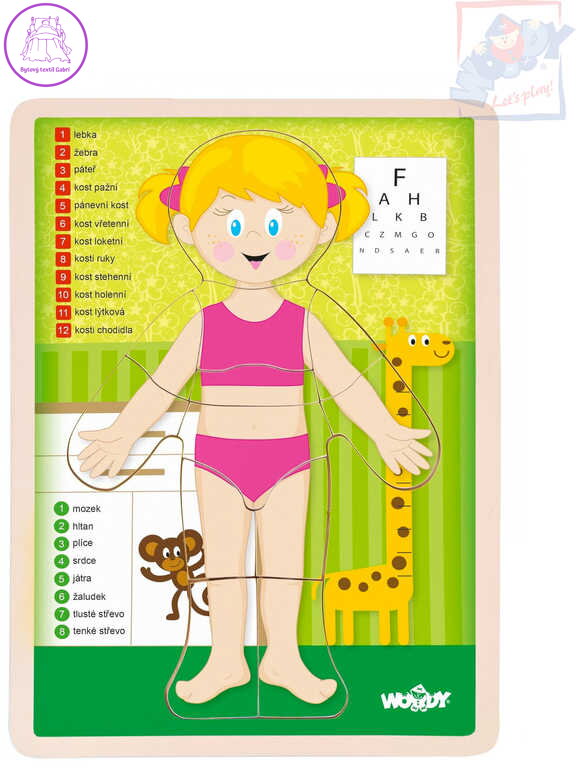 WOODY DŘEVO Puzzle holka naučná skládačka set 13 dílků s podložkou