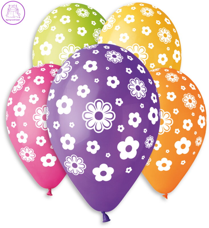 GEMAR Balónek nafukovací 30cm potisk KVĚTINY set 5ks různé barvy v sáčku