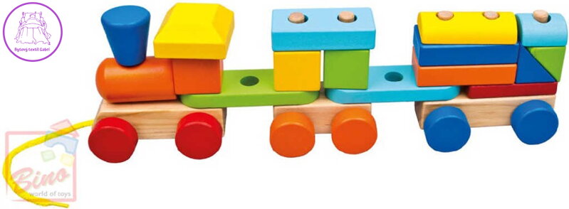 BINO DŘEVO Baby barevný vláček navlékací tahací + 2 vagónky pro miminko