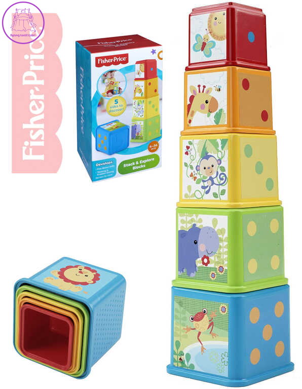 FISHER PRICE Baby věž plastová se zvířátky a čísly kostky pro miminko