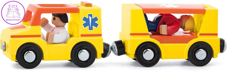 WOODY DŘEVO Auto ambulance set s vagonkem a 4 figurkami doplněk k vláčkodráze