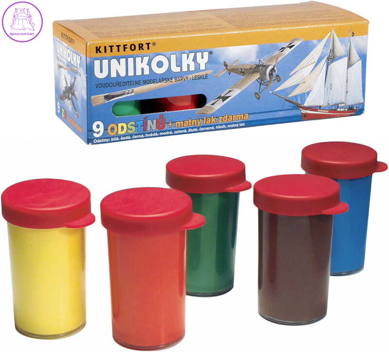 Unikolky modelářské lesklé barvy set 9 barev + matný lak ZDARMA vodou ředitelné
