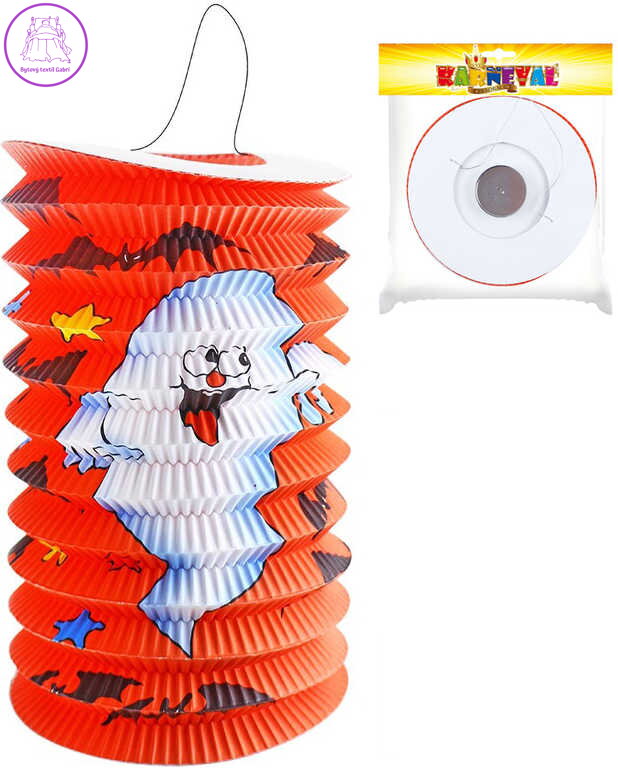 Lampión oválný červený Halloween duch papírový 15cm na svíčku