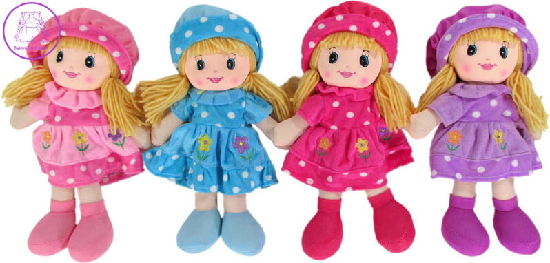 Panenka baby textilní hadrová 50cm s copánky v kloboučku květinky 4 barvy