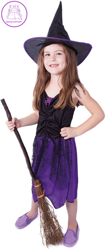 KARNEVAL Šaty čarodějnice fialové s kloboukem vel. S (110-120cm) 3-6 let *KOSTÝM*