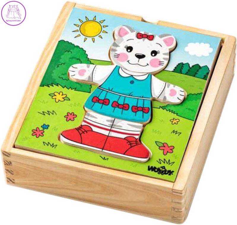 WOODY DŘEVO Baby puzzle šatní skříň kočička 18 dílků *DŘEVĚNÉ HRAČKY*