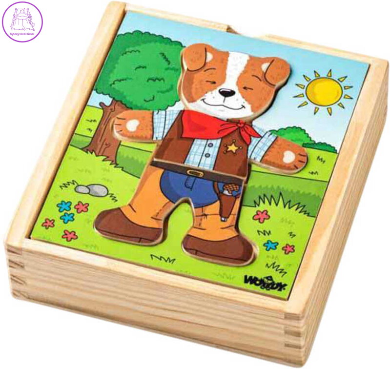 WOODY DŘEVO Baby puzzle šatní skříň pejsek 18 dílků *DŘEVĚNÉ HRAČKY*