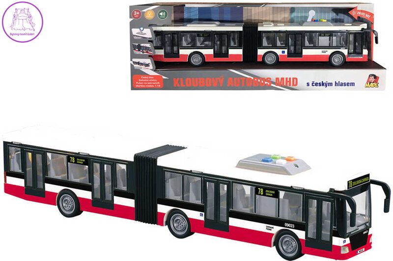 Autobus kloubový MHD český na setrvačník hlásí stanice na baterie Světlo Zvuk CZ
