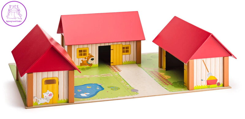 WOODY Statek se třemi budovami a podložkou dřevěný