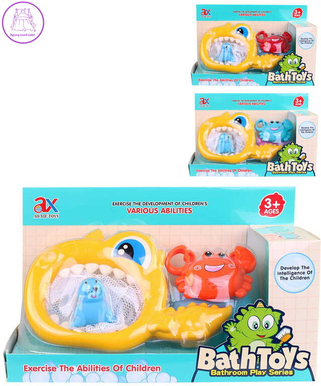 Rybář set síťka + 2 stříkací zvířátka do vany do vody 3 barvy plast