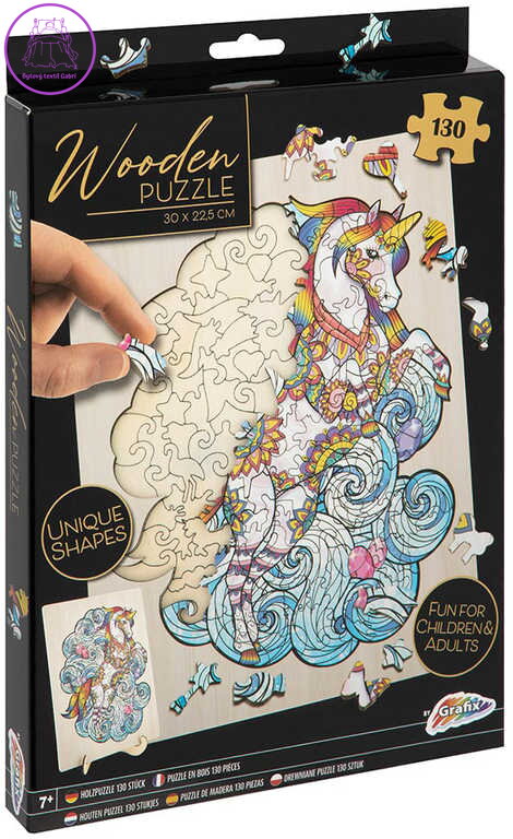 DŘEVO Puzzle obrysové na desce Jednorožec 130 dílků set skládačka se stojánkem