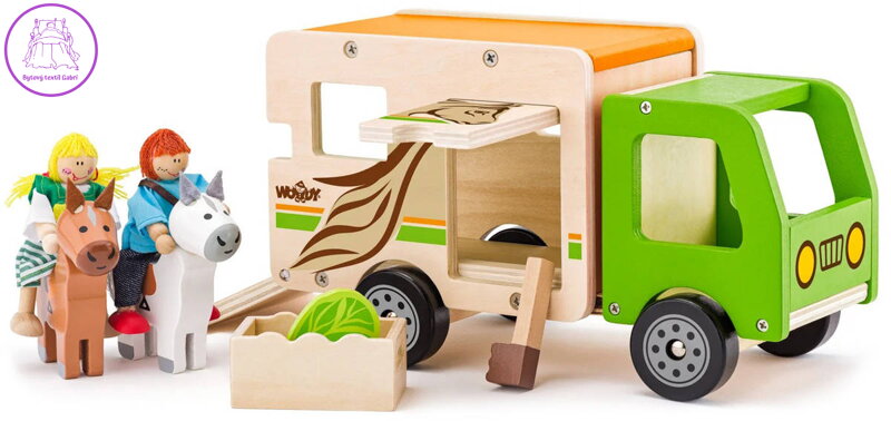 WOODY DŘEVO Auto přeprava koní funkční set se 2 koníky a figurkami