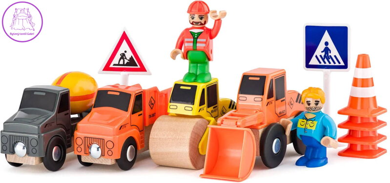 WOODY DŘEVO Stavební stroje set 4 autíčka se 2 figurkami doplněk k vláčkodráze WOODY DŘEVO Stavební stroje set 4 autíčka se 2 figurkami doplněk k vláčkodráze