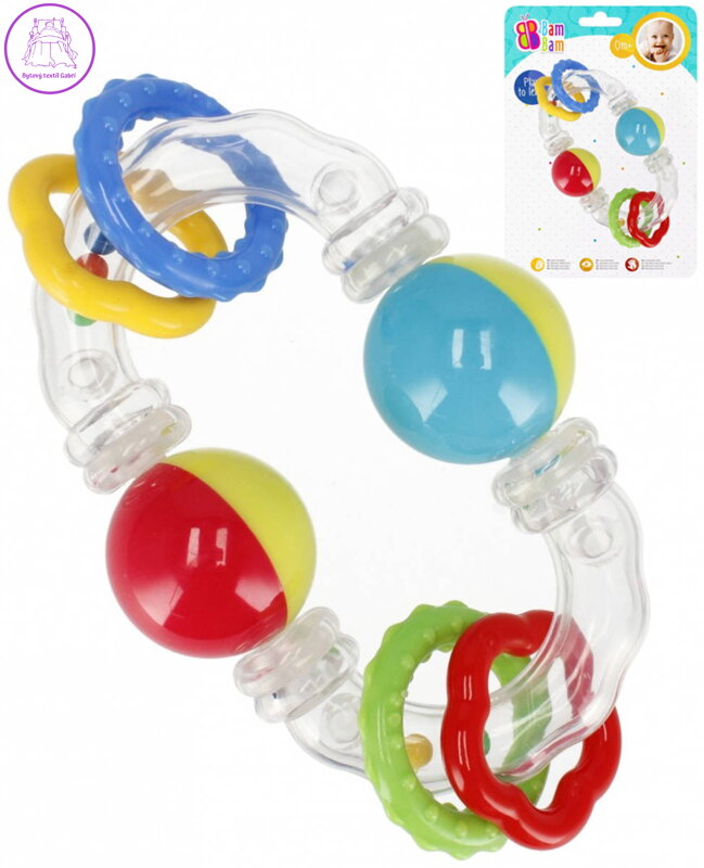 BAM BAM Baby chrastítko průhledné s kroužky a kuličkami pro miminko plast