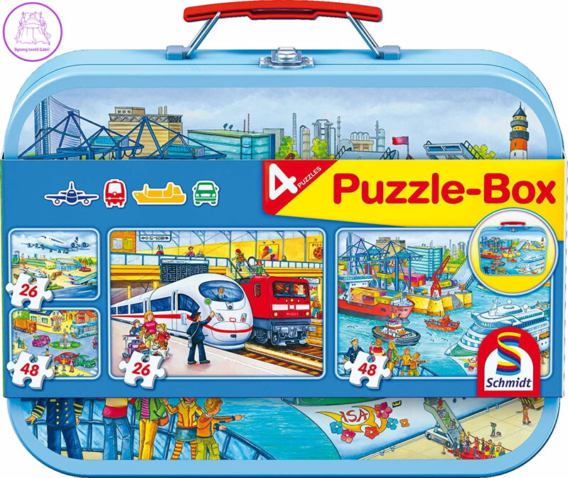 SCHMIDT Puzzle Doprava 4v1 v plechovém kufříku (26,26,48,48 dílků)