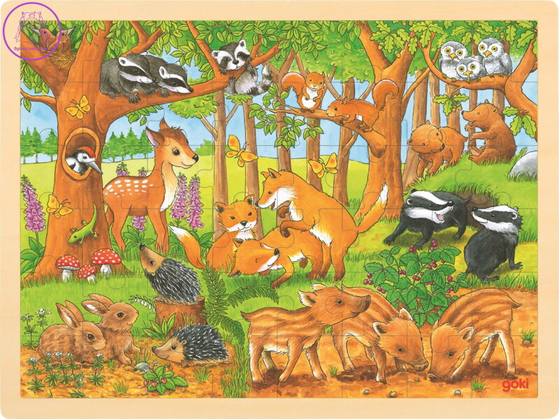 GOKI Dřevěné puzzle Zvířecí mláďátka v lese 48 dílků GOKI Dřevěné puzzle Zvířecí mláďátka v lese 48 dílků