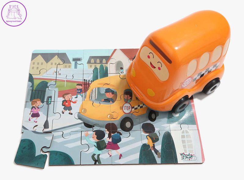 TOP BRIGHT Dřevěné puzzle s hračkou: Školní autobus 24 dílků