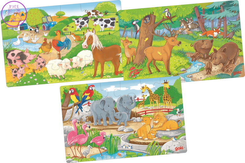 GOKI Dřevěné puzzle Zvířata 3x24 dílků GOKI Dřevěné puzzle Zvířata 3x24 dílků