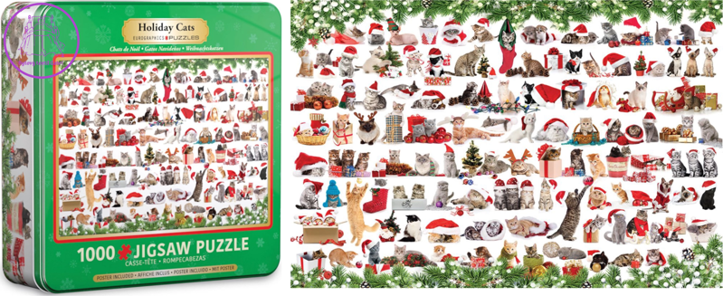 EUROGRAPHICS Puzzle v plechové krabičce Vánoční kočky 1000 dílků