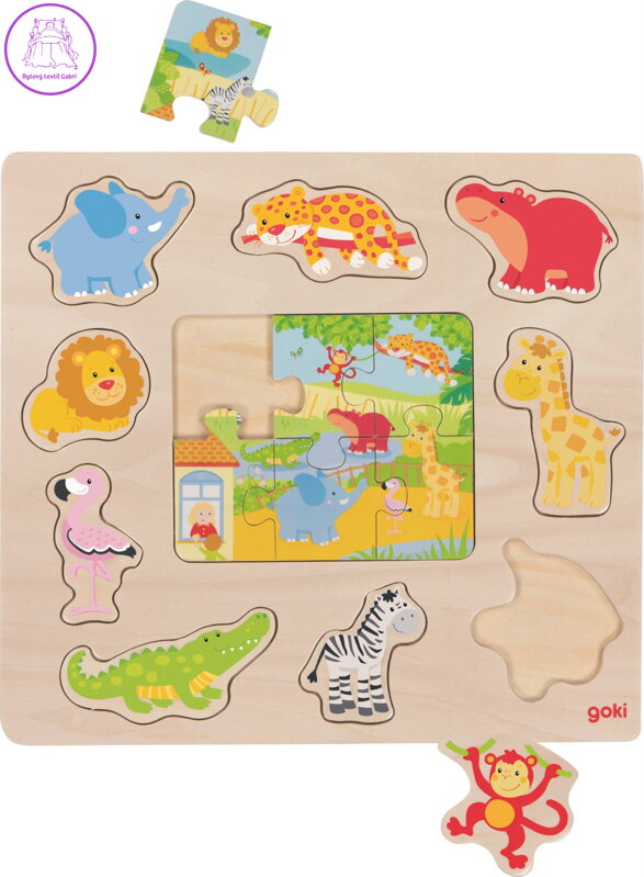 GOKI Dřevěná vkládačka + Puzzle Zvířátka ze ZOO