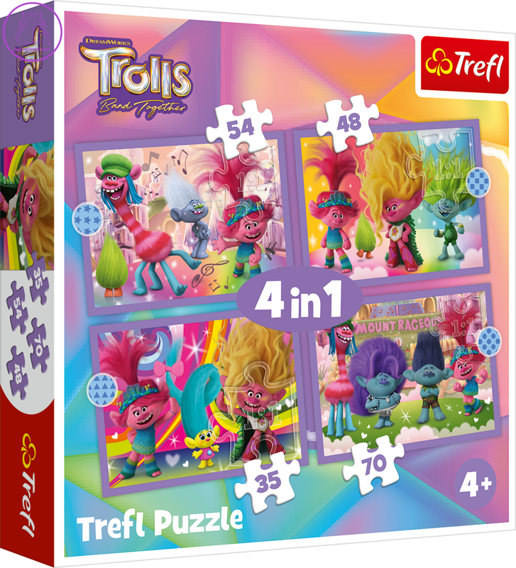 TREFL Puzzle Trollové: Barevné dobrodružství 4v1 (35,48,54,70 dílků)