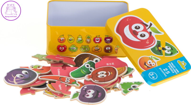 KIK Dřevěné puzzle v plechové krabičce Ovoce a zelenina 25x2 dílky